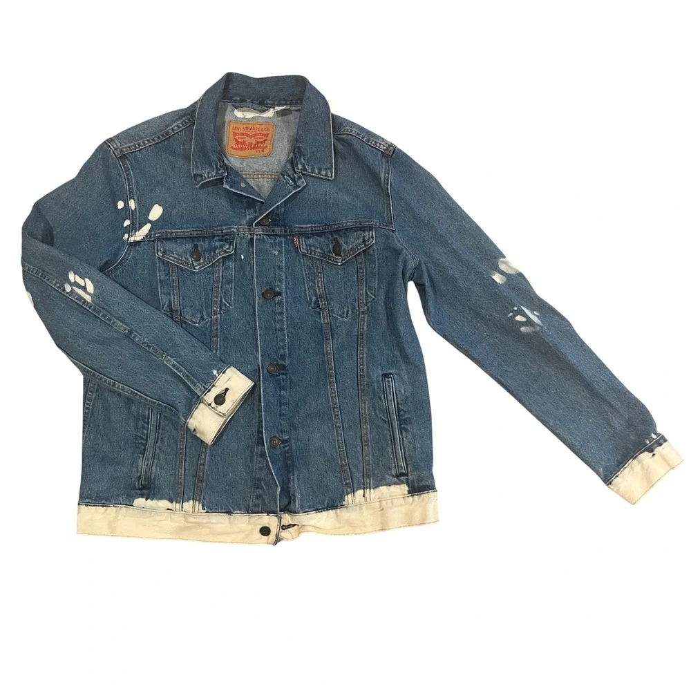 Levi's Strauss Mens Custom Bleached Splatter Denim Trucker Jacket Blue XL